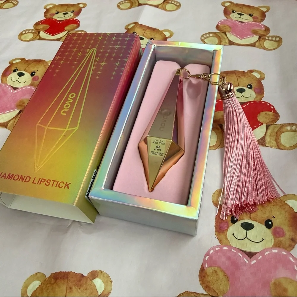 Classic Red Lipstick in Gorgeous Pink and Rose Gold Reflective Diamond Packaging